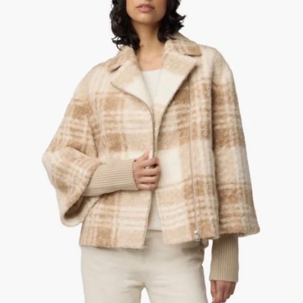 Sonia & Kyo Pauline Plaid Wool Blend Jacket with Knit Sleeves Cream SZ L